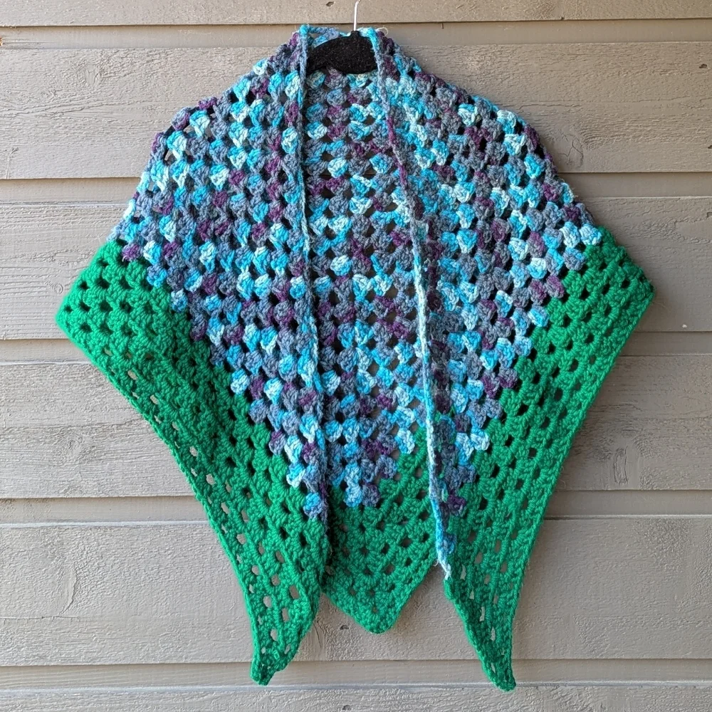 Handmade Colorful Crochet Triangle Shawl Green Aqua Purple Gray